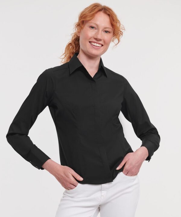 Russell Collection Women's long sleeve polycotton easycare fitted poplin shirt - Shirts | Xcel UK