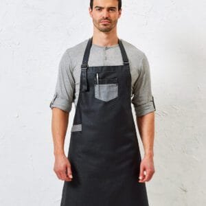 Premier Division waxed-look denim bib apron with faux leather