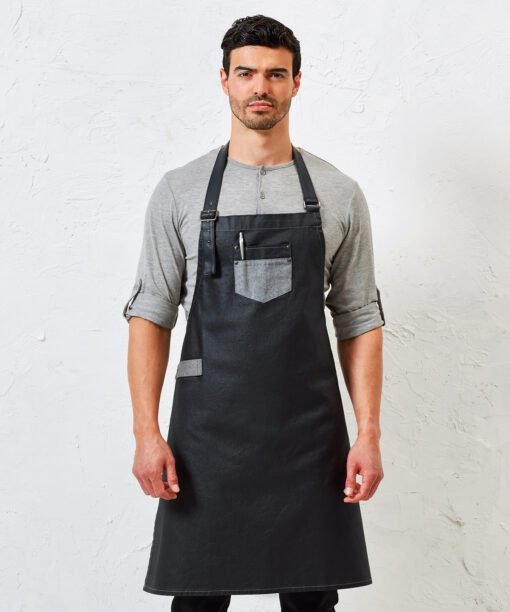 Premier Division waxed-look denim bib apron with faux leather