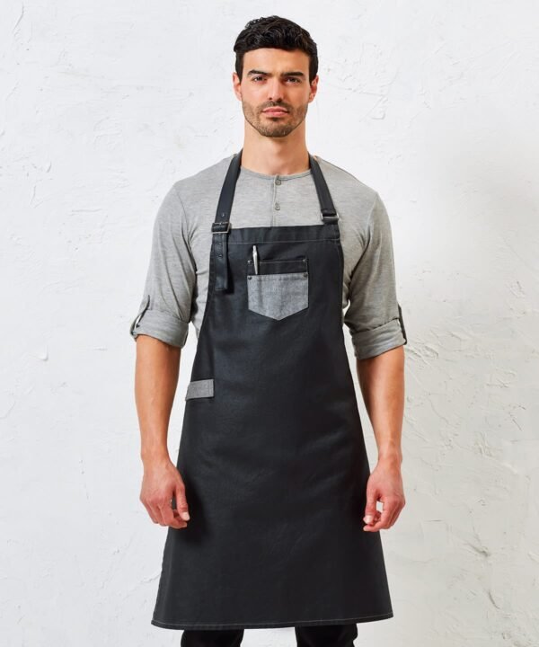 Premier Division waxed-look denim bib apron with faux leather - Aprons | Xcel UK