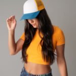 Beechfield B639 Retro 5 Panel Trucker - Sunflower/Heritage Blue | Custom Printed and Embroidered