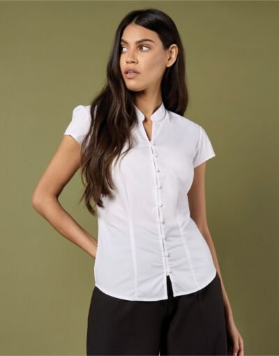 Kustom Kit LADIES TAILORED FIT  MANDARIN COLLAR CAP SLEEVE BLOUSE
