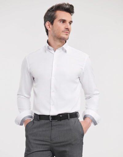 Russell Collection R964MC Men's Long Sleeve Tailored Contrast Herringbone Shirt