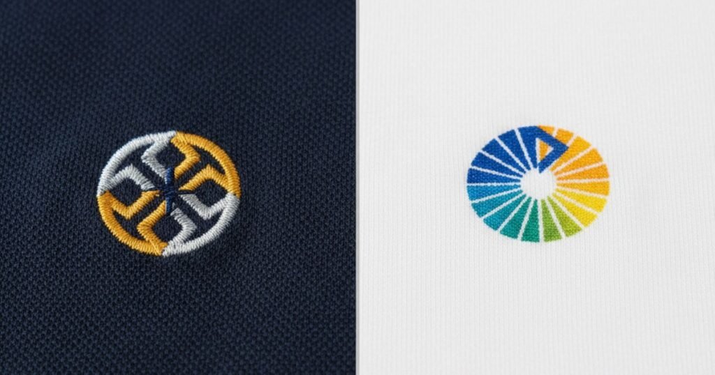 Embroidered logo on a polo shirt next to a printed logo on a t-shirt