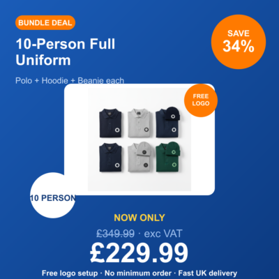 10-Person Full Uniform — Polo + Hoodie + Beanie Each