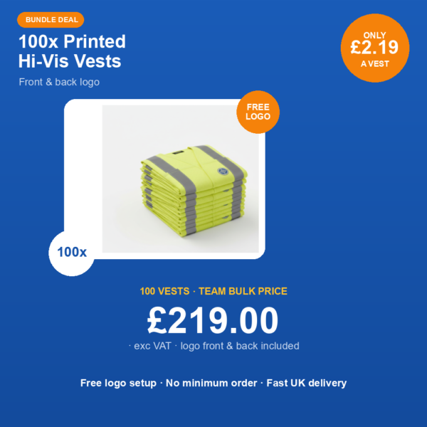 100x Printed Hi-Vis Vests — Front & Back Logo